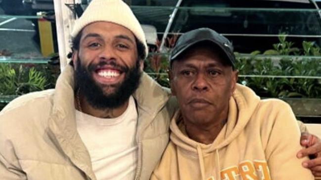 Josh Addo-Carr with his father Joey, who has been charged with entering enclosed lands. Picture: Channel 9