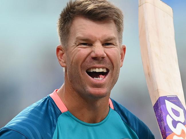 KOLKATA, INDIA - NOVEMBER 16: David Warner of Australia reacts during warm up prior to the ICC Men's Cricket World Cup India 2023 Semi Final match between South Africa and Australia at Eden Gardens on November 16, 2023 in Kolkata, India. (Photo by Gareth Copley/Getty Images)