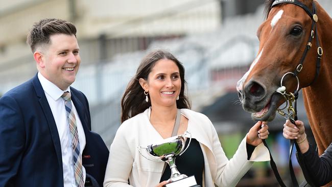 Trainer Matthew Hoysted and wife Caitlin Hoysted who bred and owns Uncommon James. Picture: Getty Images.