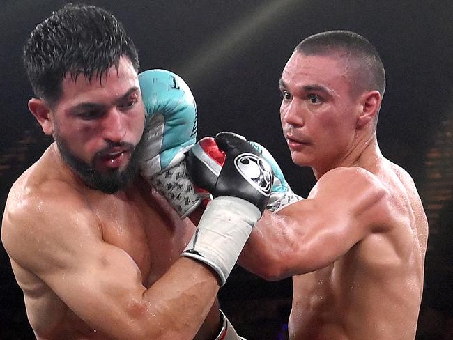 GOLD COAST, AUSTRALIA - OCTOBER 15: Tim Tszyu connects with a punch against Brian Mendoza during the WBO super-welterweight world title bout between Tim Tszyu and Brian Mendoza at Gold Coast Convention and Exhibition Centre on October 15, 2023 in Gold Coast, Australia. (Photo by Bradley Kanaris/Getty Images)