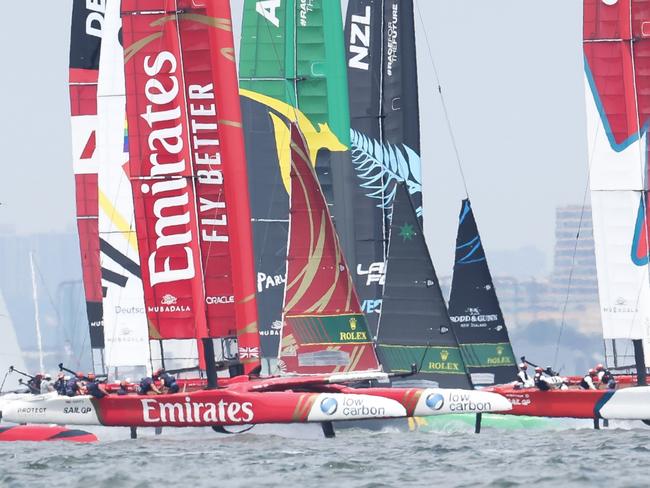 NEW YORK, NEW YORK - JUNE 23: A general view of a race during day two of competition of SailGP New York on June 23, 2024 in New York City. (Photo by Luke Hales/Getty Images)
