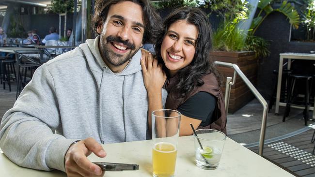 Kristian Ciabattoni with Gina Caltabiano, who have been dating for four weeks, at the Hwy Hotel in Adelaide. Picture: Mark Brake