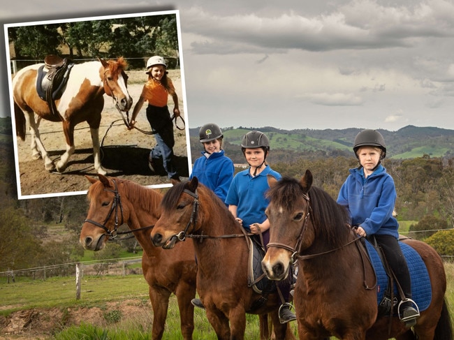 Riding students Matilda Hill 10, on Tarnish, Teiia Hoskins 10, on Treasure and Cerise Smith 8, on Trixie at the Templewood Horse Riding Centre at Inglewood in the Adelaide Hills. Picture: Brad Fleet