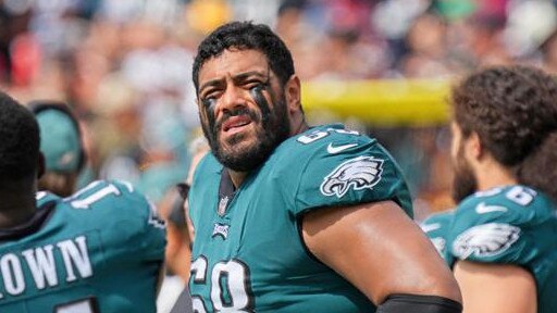 LANDOVER, MD - SEPTEMBER 25 :Philadelphia Eagles offensive tackle Jordan Mailata (68) looks on during the game between the Philadelphia Eagles and the Washington Commanders on September 25, 2022 at Fedex Field in Landover, MD. (Photo by Andy Lewis/Icon Sportswire via Getty Images)