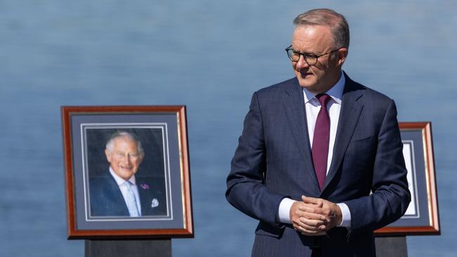 Anthony Albanese unveils a new portrait of King Charles in Canberra on Thursday. Picture: NCA NewsWire / Gary Ramage