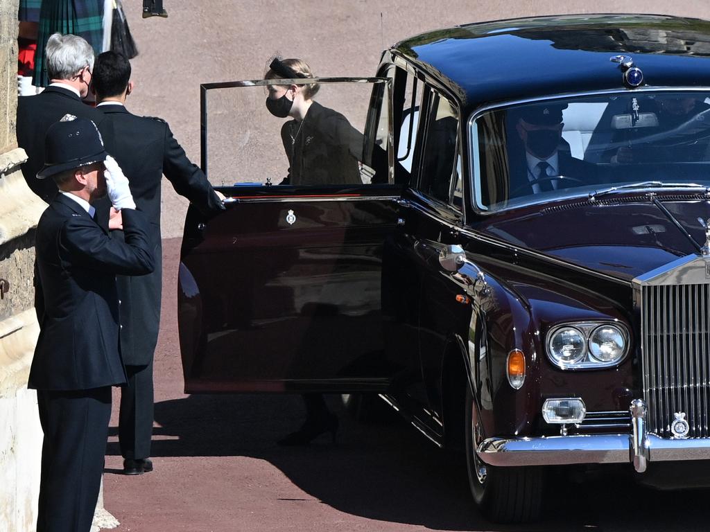 Lady Louise Windsor arrives for the funeral of Prince Philip. Picture: WPA Pool/Getty Images