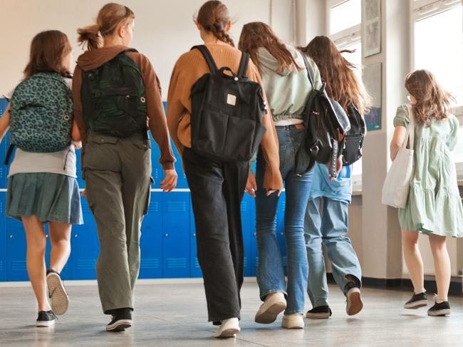 Back view of six female high school students walking in school corridor against blue lockers during break.High School students, Generic, Picture: Getty Images