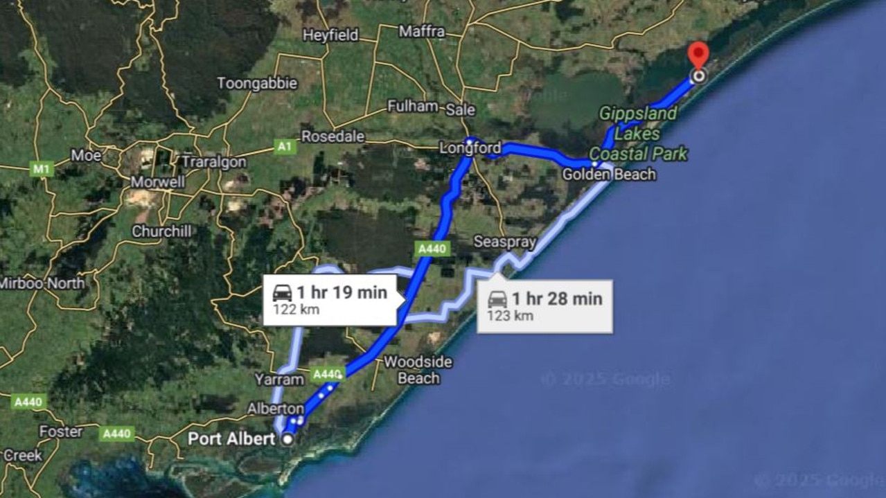 The distance to travel between Port Albert and Loch Sport. Picture: Google