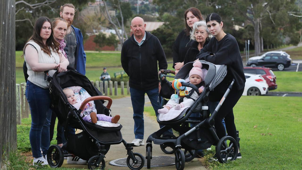 Grovedale residents Phoebe Thompson, Kylie, Dave Favetta, Stephen Salter, Hannah Dodds, Janice Salter and Jess Bennett are concerned about the lack of footpaths on the Heyers Rd end of Coolabah Drive. Picture: Alan Barber.