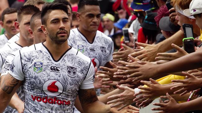 Warriors captain Shaun Johnson leads his team on to the field during The Auckland Nines at Eden Park, Auckland, New Zealand. Pic Jenny Evans