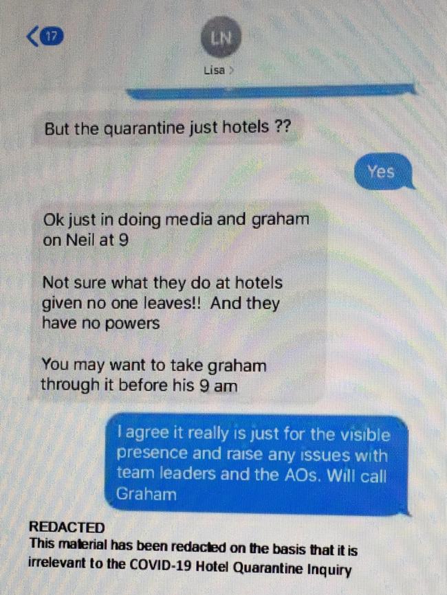 A text exchange between the Emergency Management Commissioner Andrew Crisp and Police Minister Lisa Neville submitted to the hotel quarantine inquiry.