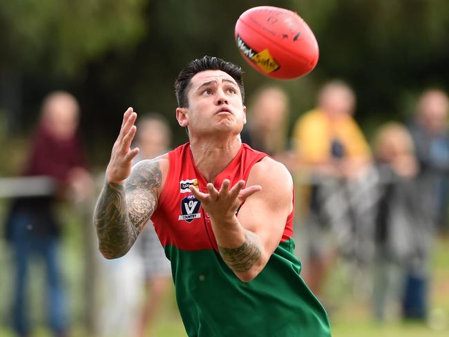 Peninsula FNL: Edi-Aspendale v Pines at Regents Park, Aspendale. Pines forward Aaron Edwards. Picture: Chris Eastman