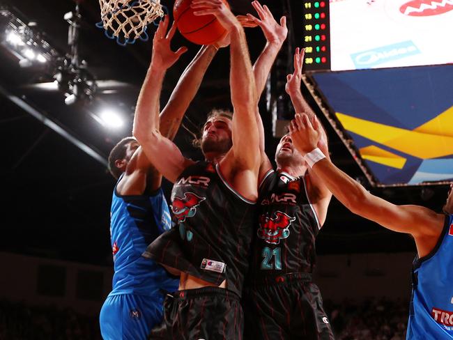 Hawks star Sam Froling rebounds during the massive clash with Melbourne United. Picture: Getty Images