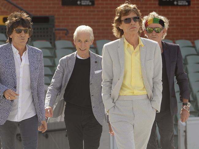 Ready to go ... The Rolling Stones at Adelaide Oval. Ronnie Wood, Charlie Watts, Mick Jagger and Keith Richards pictured walknig together. Picture: Tom Huntley