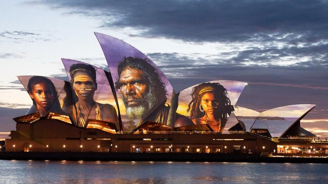 The sails of the Sydney Opera House are illuminated by a projection of artwork by Indigenous artist Brett Leavy on January 26, 2024, in Sydney, Australia. Picture: Getty