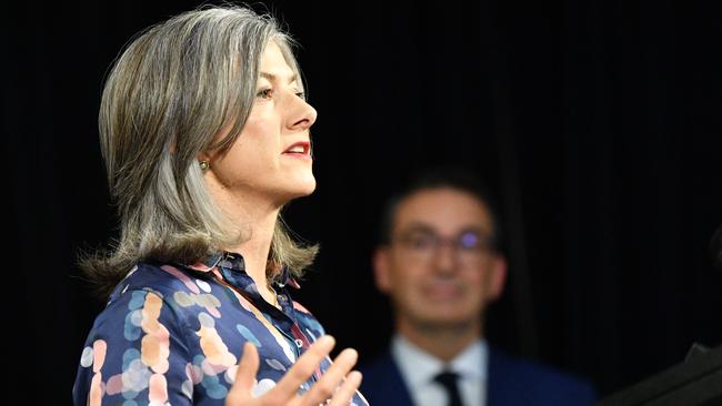 Premier Steven Marshall watches as chief public health officer Professor Nicola Spurrier discusses the easing coronavirus restrictions on Friday. Picture: David Mariuz