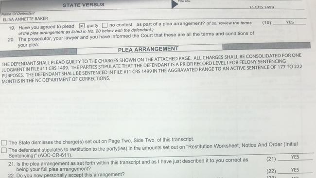 The plea agreement signed by Elisa Baker for the murder of Zahra.