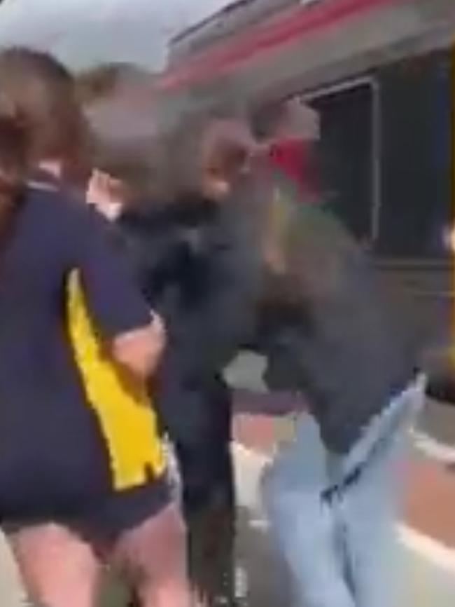 School students fight at Port Adelaide train station. Picture: Tom Huntley