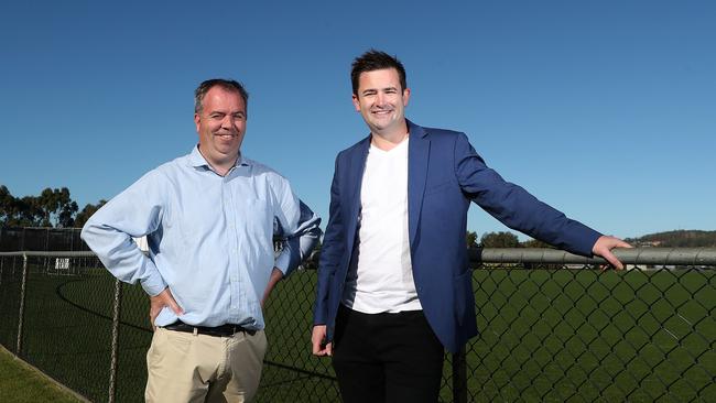 (L-R) Nic Street, Liberal candidate for Nelson, and Kingborough Council Mayor Dean Winter back a proposal for a swimming pool at the Kingborough Sports Precinct at Kingston. Picture: NIKKI DAVIS-JONES