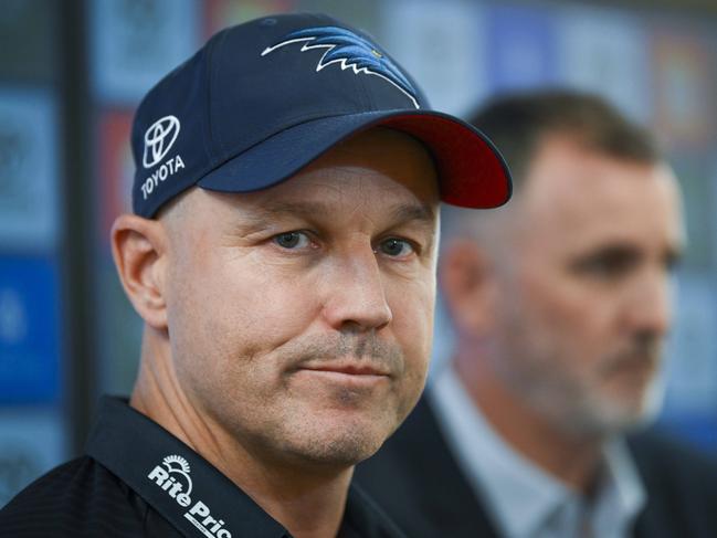 Coach of the Crows Matthew Nicks and CEO Tim Silvers speak to media during a press conference announcing Matthew Nicks re-signing as coach for the next three years ,Thursday,March,21,2024.Picture Mark Brake