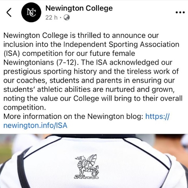 Newington College’s Facebook announcement that girls will enter the less esteemed Independent Sporting Association competition from 2028.