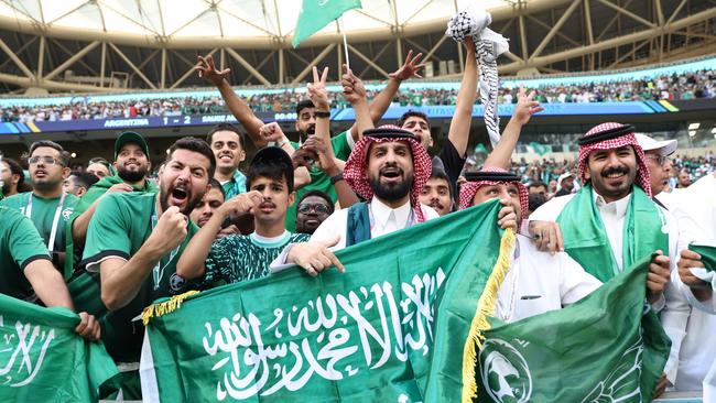 Saudi Arabian fans celebrate the 2-1 win during the FIFA World Cup Qatar 2022 Group C match between Argentina and Saudi Arabia.