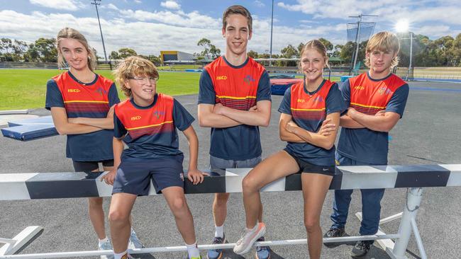 South Australian Little Athletics teammates Lillia Giannakis, Luke Ramsey, Spencer de Lacy, Iluka-Rose Taylor and Hamish Gordon are ready to take on the National Championships. Picture: Ben Clark