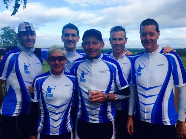 Tony Abbott with members of Manly-based StreetWork charity, which was one of the beneficiaries of the Pollie Pedal.