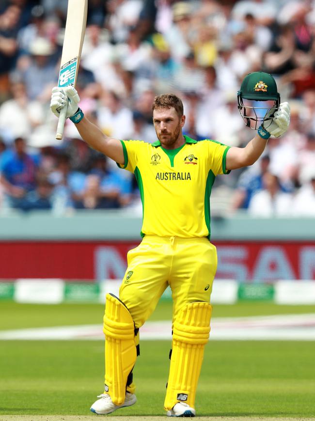 Aaron Finch celebrates after scoring his century. Picture: Getty Images