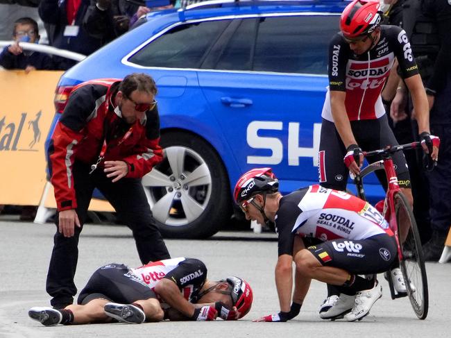PONTIVY, FRANCE - JUNE 28: Caleb Ewan of Australia and Team Lotto Soudal involved in a crash at arrival & Jasper De Buyst of Belgium and Team Lotto Soudal during the 108th Tour de France 2021, Stage 3 a 182,9km stage from Lorient to Pontivy / @LeTour / #TDF2021 / on June 28, 2021 in Pontivy, France. (Photo by Christophe Ena - Pool/Getty Images)