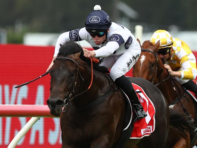 SYDNEY, AUSTRALIA - JANUARY 20: Josh Parr riding Caballus wins Race 5 Toyota Forklifts during Sydney Racing at Rosehill Gardens on January 20, 2024 in Sydney, Australia. (Photo by Jeremy Ng/Getty Images)