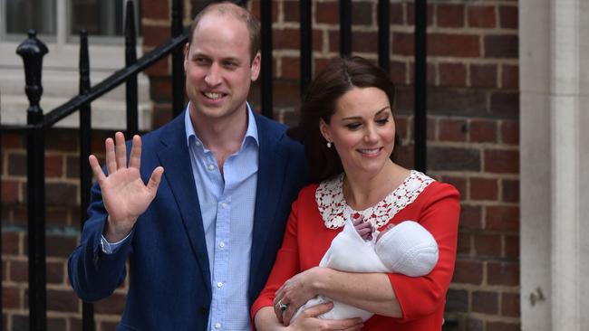 William and Kate introduce their son to the waiting media outside St Mary’s Hospital. Picture: Phil Loftus/Capital Pictures/Mega