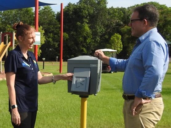 Park Manager Dani Walters and Solomon MP Luke Gosling visit one of the new sites at the Big4 Hidden Valley caravan park, made possible via the Commonwealth's Caravan Park Grants program. Picture: Supplied