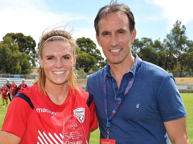 Veronica Latsko of Adelaide United with Reds football director Aurielo Vidmar after being presented with W-League player of the month in January. Picture: Mark Brake/Getty Images