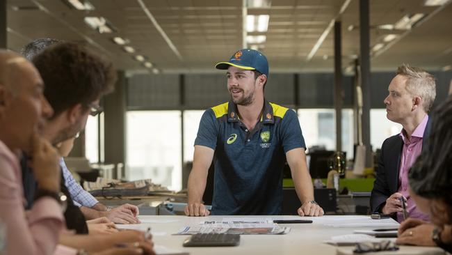 Australian cricketer Travis Head takes the sports conference at <i>The Advertiser</i>. Picture: Simon Cross