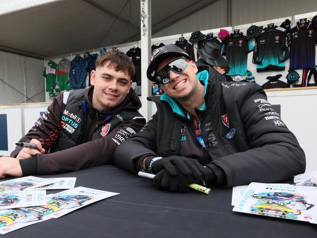 Chaz Mostert (right) with fellow Walkinshaw Andretti United driver Ryan Wood at Symmons Plains on Friday. Picture: Mark Horsburgh/Supercars