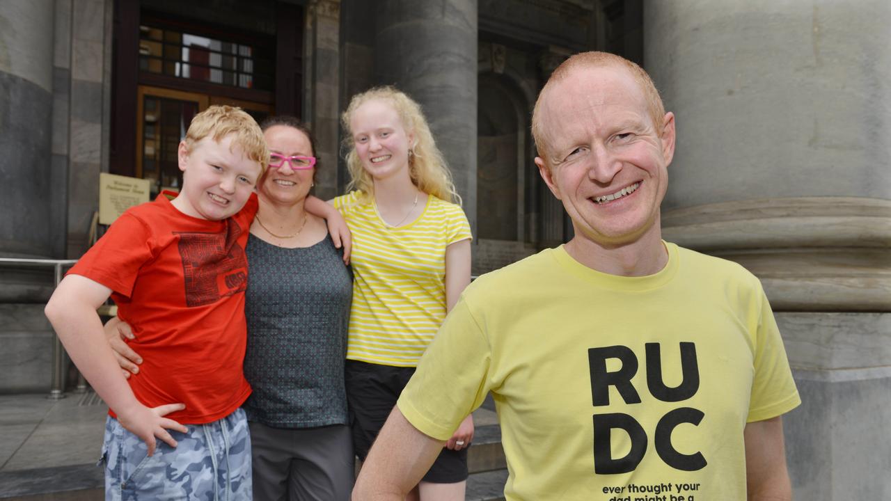 Damian Adams with his wife, Amanda, and children Brydee and Angus outside state parliament in November, 2017. Picture: Brenton Edwards
