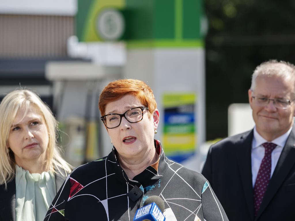 Foreign Affairs Minister Marise Payne told journalists about her trip at a press conference in Sydney, flanked by Liberal candidate for Hughes Jenny Ware and Scott Morrison. Picture: NCA NewsWire / Nikki Short