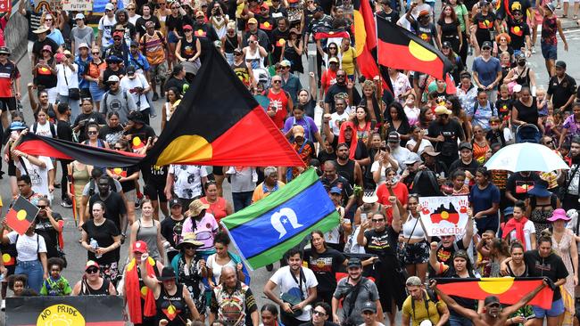 Protesters during the 2020 Invasion Day rally in Brisbane. Picture: AAP/Darren England