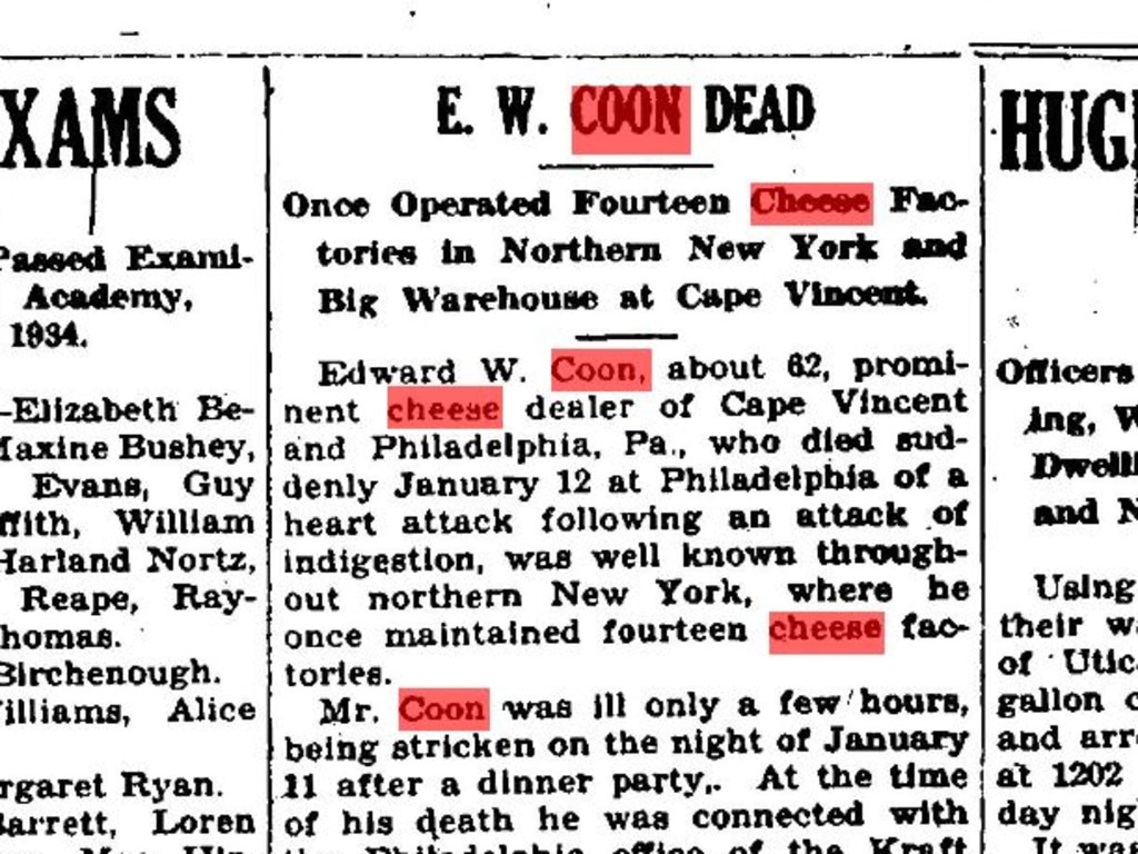 An archive of the New York newspaper The Journal with a story about Edward William Coon's sudden death.