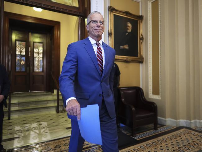 Senate Majority Leader John Thune, R-S.D., strides from the chamber after speaking about the reconciliation process to advance President Donald Trump's spending and tax bill, at the Capitol in Washington, Tuesday, June 3, 2025. (AP Photo/J. Scott Applewhite)