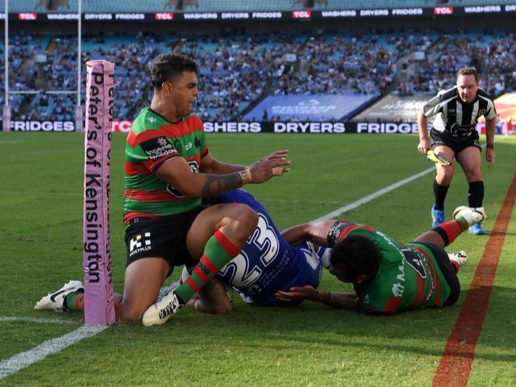 Latrell Mitchell hits Josh Addo-Carr high. Pic: Fox League