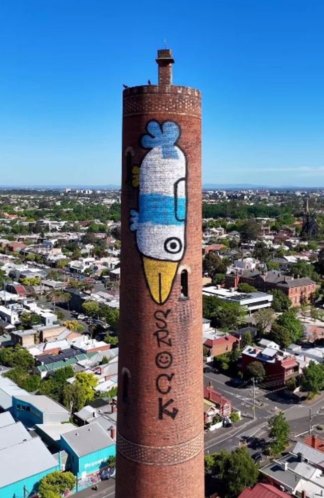 Pam the Bird on the Clifton Hill chimney. Picture: Supplied