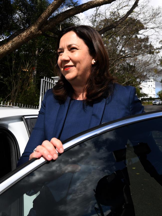 Ms Palaszczuk leaves Government House after meeting with Queensland Governor Paul de Jersey to issue the writs. Picture: NCA NewsWire/Dan Peled