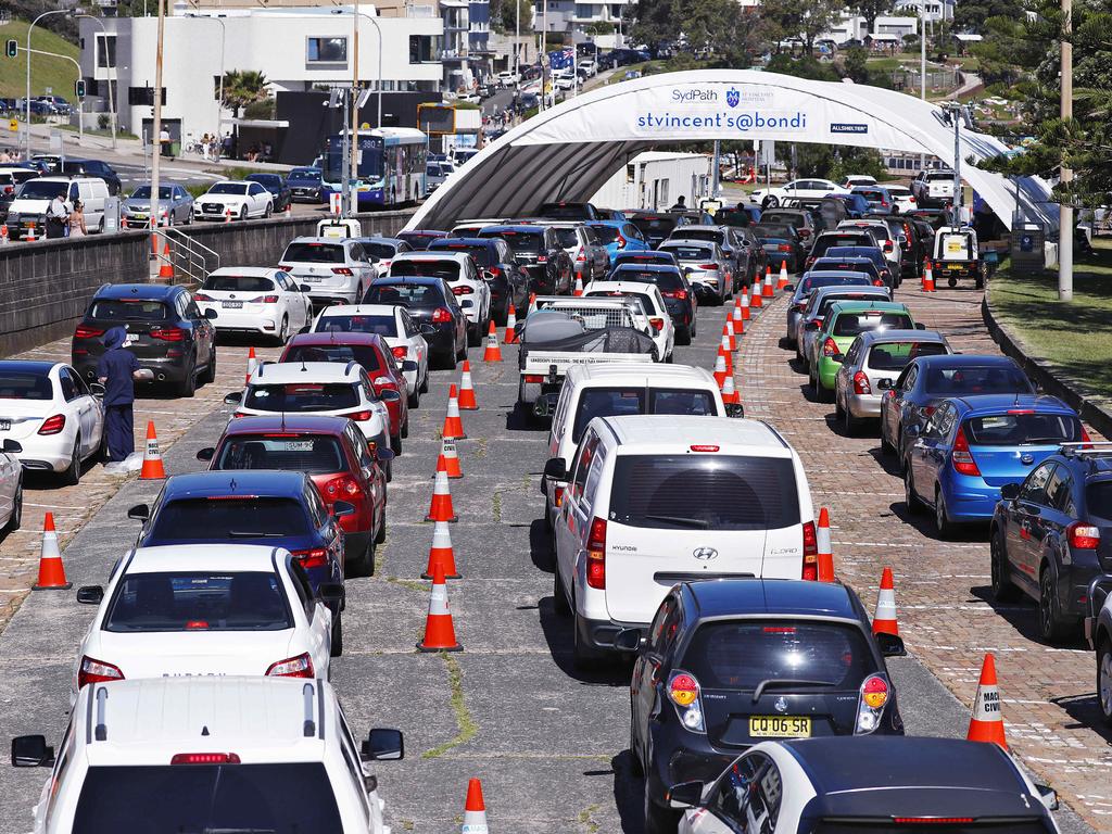 Long lines at a drive-through Covid-19 testing facility at Bondi in Sydney yesterday. Picture: Sam Ruttyn