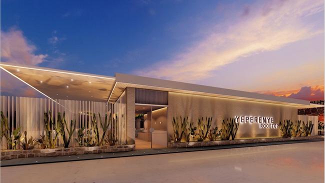 Render of a proposed rooftop bar and restaurant capping a proposed five-storey expansion to Yeperenye Shopping Centre in Alice Springs. Picture: FACULTY Design