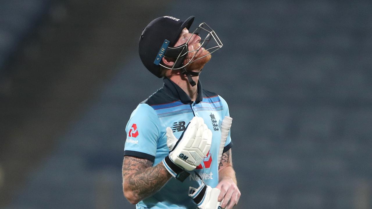 Ben Stokes looks to the heavens after his blistering 99 against India.