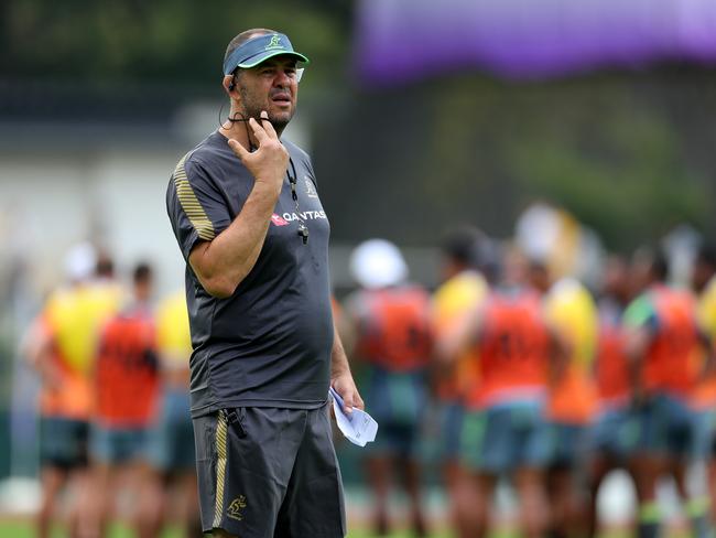 ODAWARA, JAPAN - SEPTEMBER 11: Michael Cheika, Head Coach of Australia looks on during an Australian Wallabies training session at Odawara Stadium on September 11, 2019 in Odawara, Kanagawa, Japan. (Photo by Dan Mullan/Getty Images)