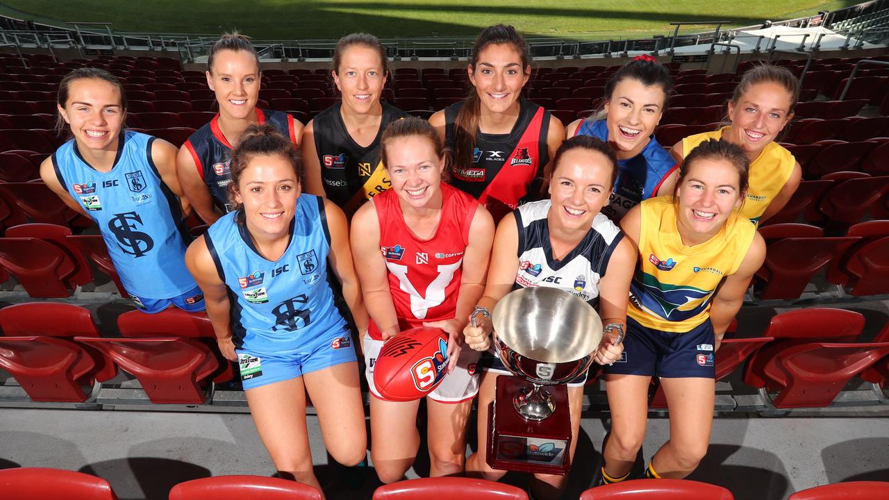 11.2.2020.The 2020 SANFLW season starts on February 14 .Team captains at Adelaide Oval for the season launch.Front (L-R)Sturt co-captain Georgia Bevan, North Adelaide captain Leah Tynan, South Adelaide vice captain Elyse Haylock, Woodville-West Torrens co-captain Adele Gibson.        Back (L-R)Sturt co-captain Maya Rigter, Norwood captain Alison Ferrall, Glenelg captain Chelsea Packer, West Adelaide captain Lauren Rodato, Central captain Nicola Biagi and Woodville-West Torrens co-captain Megan Andresen.  PIC TAIT SCHMAAL.