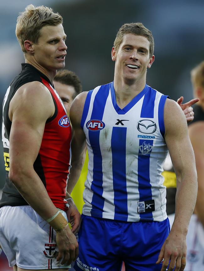 Nick Dal Santo has a laugh with former St Kilda teammate Nick Riewoldt in Tasmania in 2014. Picture: Michael Klein